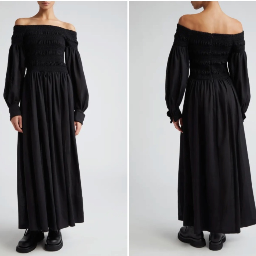 NWT MAX MARA Manu off-the-shoulder shirred wool-gauze maxi dress